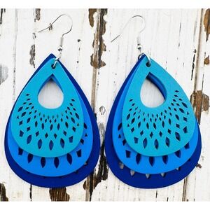 Shades of Blue & Teal Laser Cut Wood Teardrop Earrings